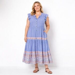 OLIPHANT FLOWY FLIRTY MIDI DRESS SIZE XXL CLOVER BLUE PRINT NWT